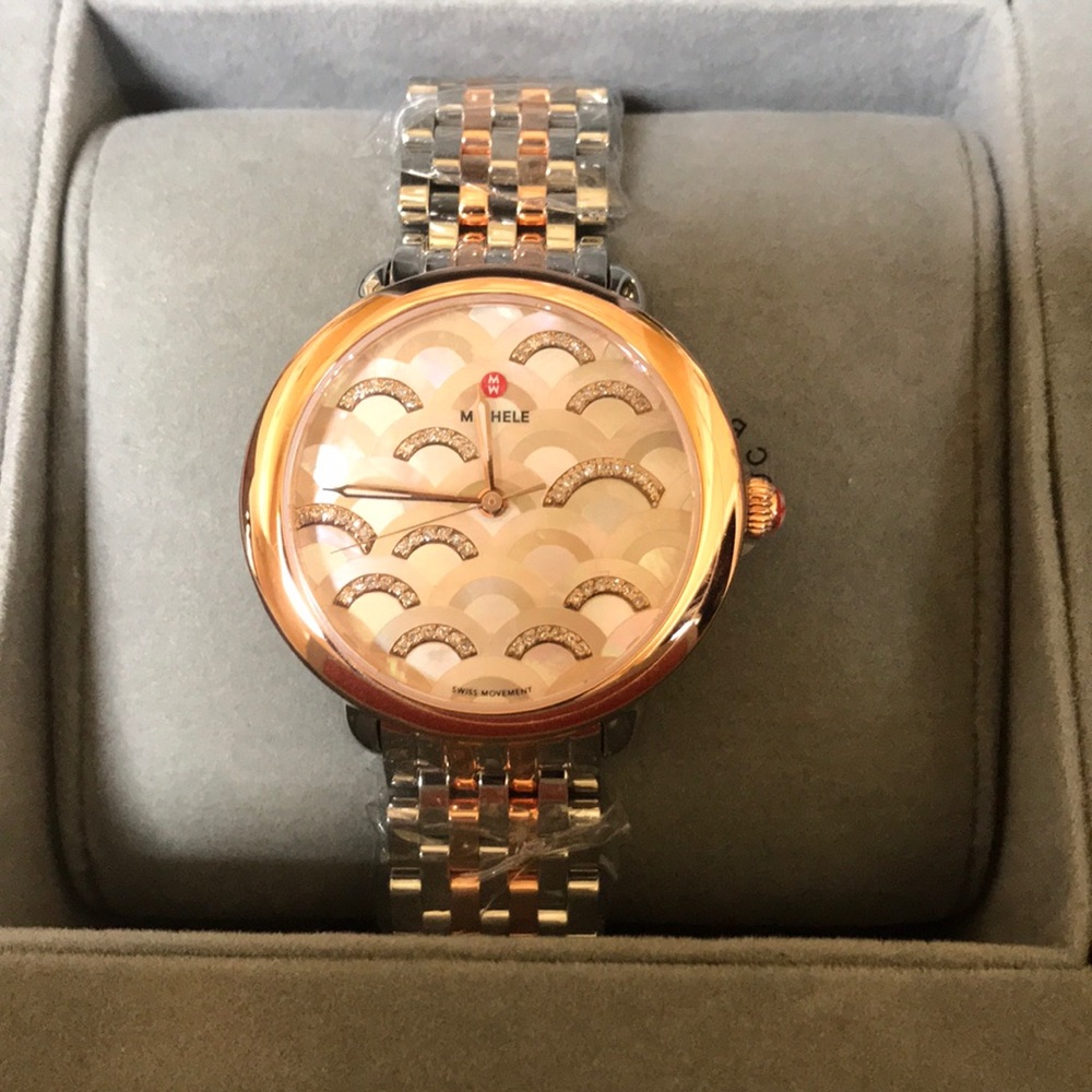 NWT⭐️Michele Rose-Gold Silver Mosaic Diamond Watch
